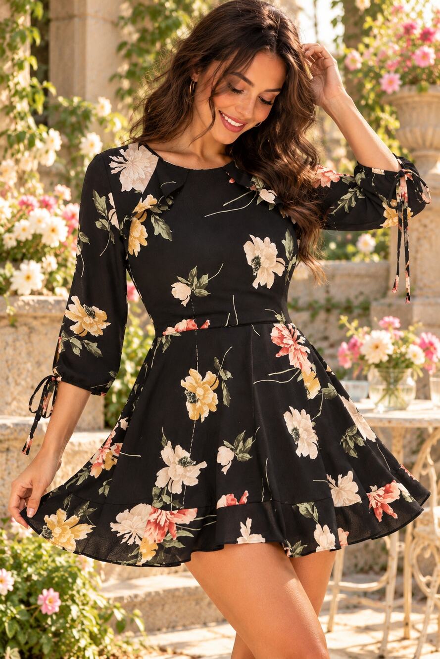 Topshop Black Floral Mini Dress US 4 Ruffle Tie Sleeve Romantic